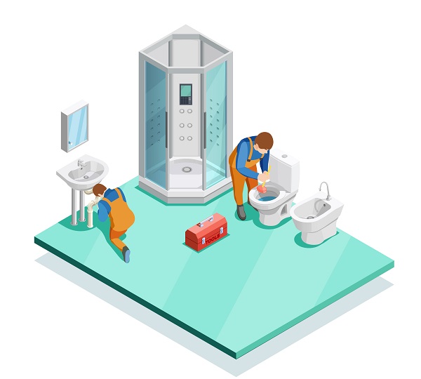 Plumbers In Modern Bathroom Isometric Image